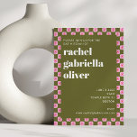 Convites Bandeja Verde Rosa-Cor-de-Checkboard Retro-Floral<br><div class="desc">Convite para Borda Floral Retroativa,  Rosa e Bat Verde,  Mitzvah</div>