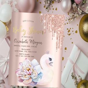 Convites Banha de Bebê Cisne Drips Glitter Rosa Dourado Chá