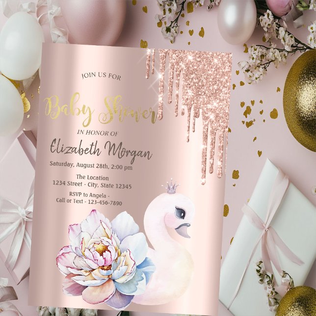 Convites Banha de Bebê Cisne Drips Glitter Rosa Dourado Chá (Criador carregado)