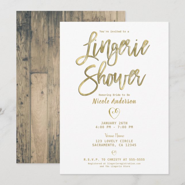 Convites Banho de lingerie em madeira rústica de celeiro em (Frente/Verso)