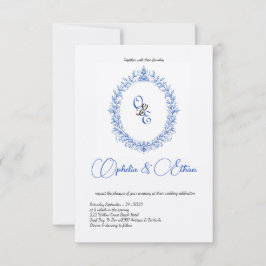 Convites Banho Floral Monograma Azul Vitoriano