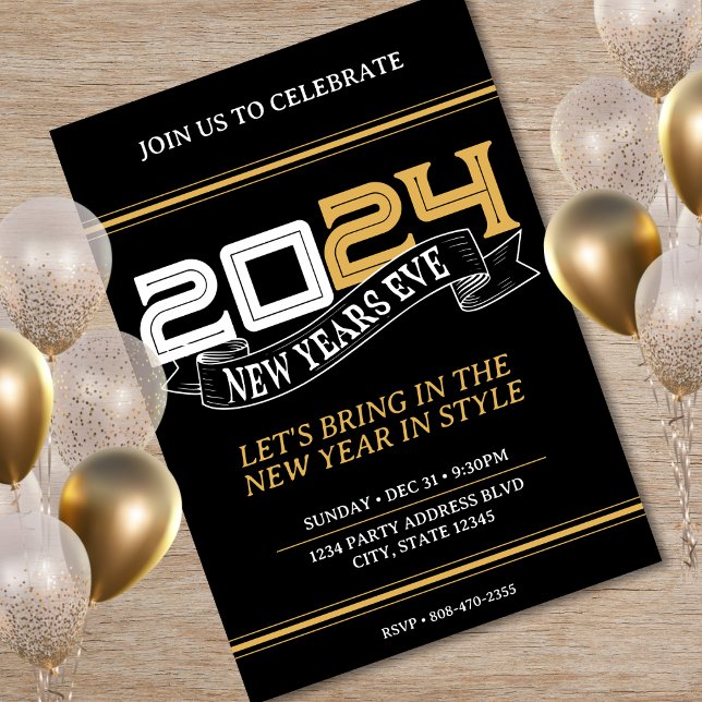 Convites Banner de Partido da Véspera de ano novo Preta e D (Black & Gold New Years Eve Party Banner 2024 Invitation)