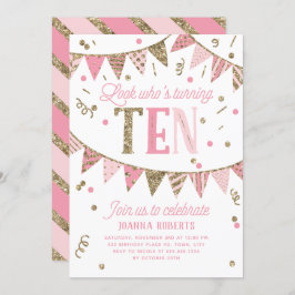 Convites Banner digital rosa e Dourada 10ª Festa de anivers