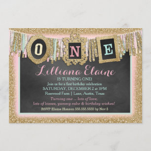Convites Banner do Primeiro Aniversário da Glitter Dourada