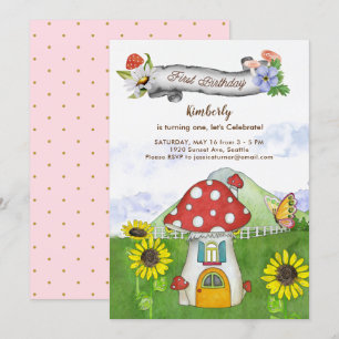 Convites Banner Floral Whimsical Mushroom Primeiro Aniversá