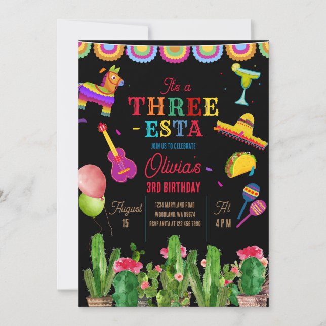 Convites Banner mexicano Fiesta Three-Esta Girl Birthday (Frente)