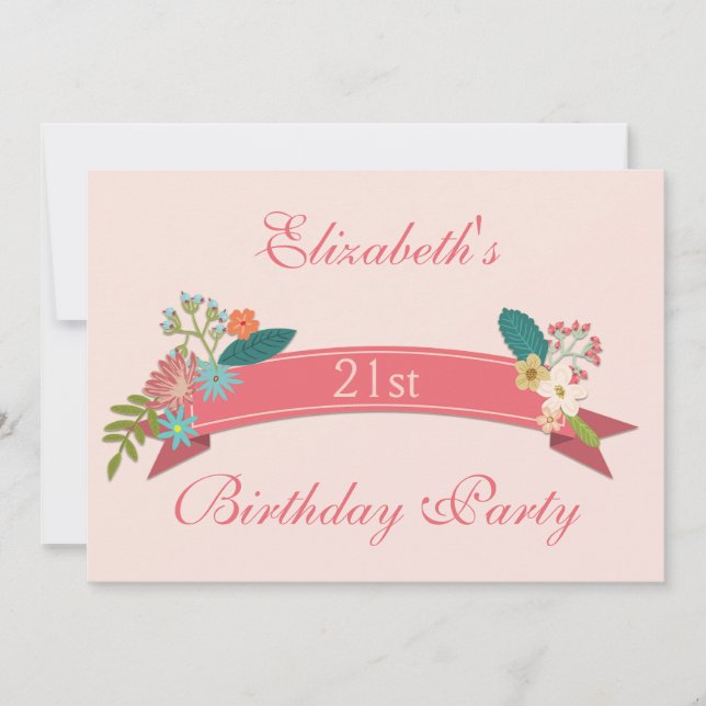 Convites Banner Rosa das Flores de aniversário de 21 anos (Frente)