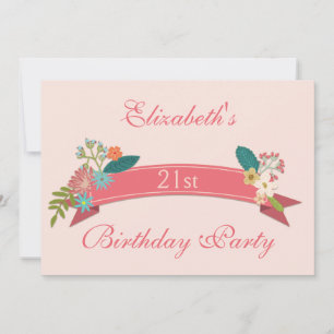 Convites Banner Rosa das Flores de aniversário de 21 anos