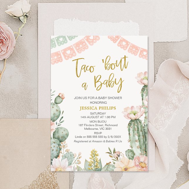 Convites Banner Rosa Floral Taco Sobre Um Chá de fraldas De (Boho Blush Floral Taco 'bout a Baby baby Shower Invitation Template, Girls Taco 'bout a Baby Invite)