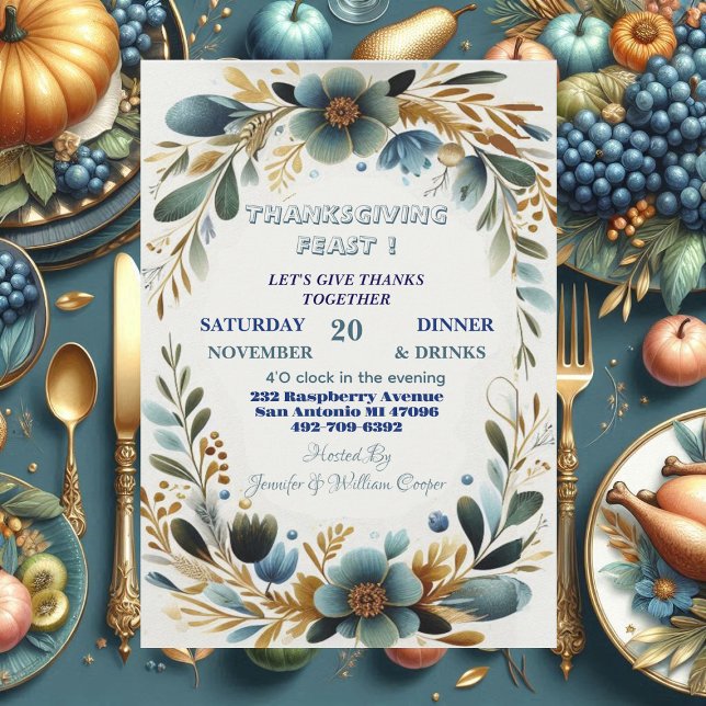 Convites Banquete de Ação de Graças de Folhagem Botânica Ve (Green Botanical Foliage Autumn Thanksgiving Feast Invitation)