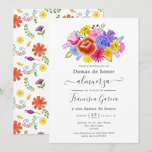 Convites Banquete de Damas de Honra Floral Fiesta Espanhola (Frente/Verso)