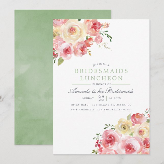 Convites Banquete de Noivas em Aquarela Rosa e Sage (Frente/Verso)