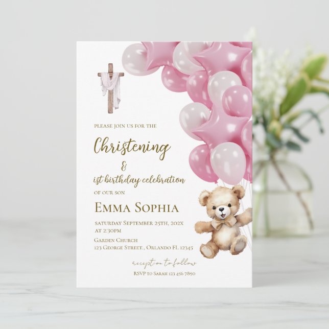 Convites Baptism and first birthday invitation with balloon (Em pé/Frente)