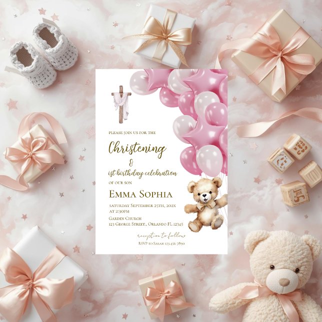 Convites Baptism and first birthday invitation with balloon (Criador carregado)