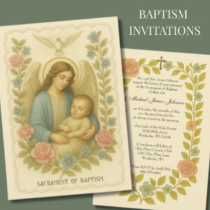 Convites \Baptism Baby Guardian Angel Floral