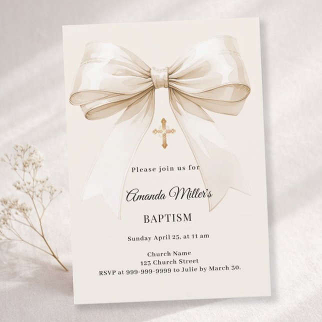 Convites Baptism beige bow elegant neutral (Criador carregado)