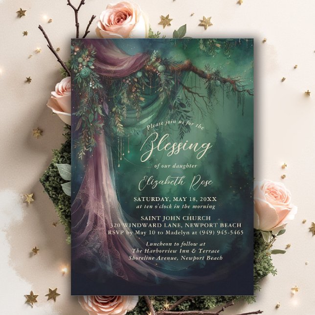 Convites Baptism Blessing Enchanted Garden Fairytale Draped (baptism invitation christening enchanted forest garden botanical greenery emerald gold floral draped)