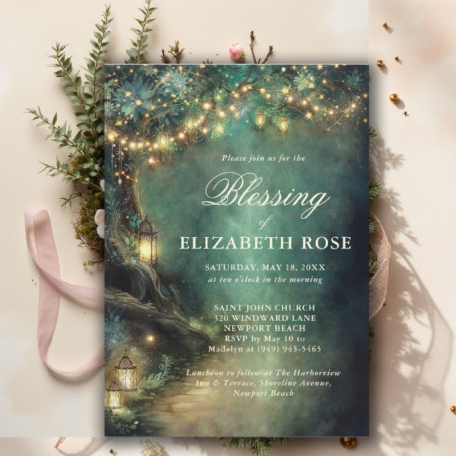 Convites Baptism Blessing Enchanted Garden Forest Landerns (baptism invitation christening enchanted forest lanterns garden botanical greenery emerald gold)
