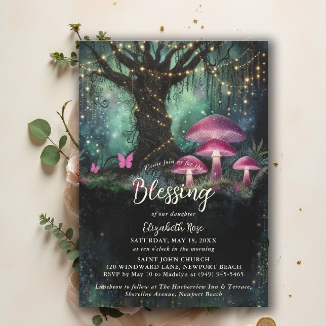 Convites Baptism Blessing Enchanted Garden Forest Mushrooms (baptism invitation christening enchanted forest garden botanical greenery mushrooms butterflies)