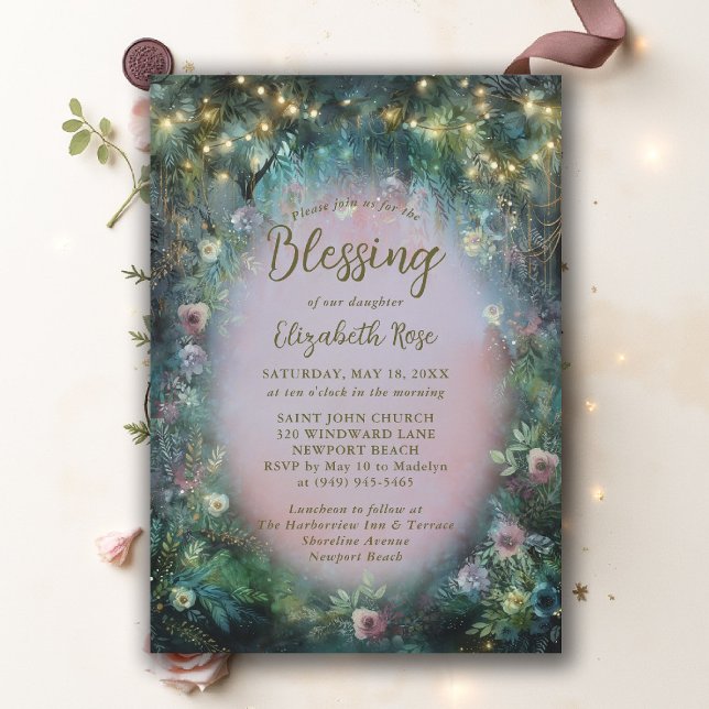 Convites Baptism Blessing Enchanted Garden Roses Fairytale (baptism invitation christening enchanted forest garden botanical greenery roses emerald gold pink)