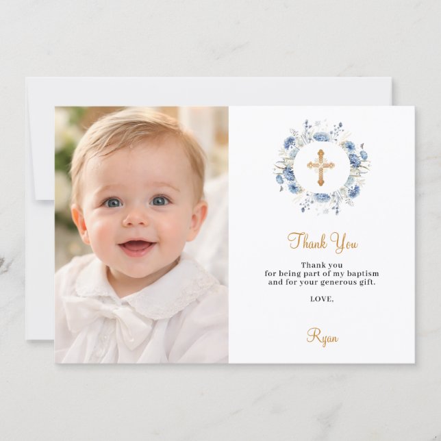 Convites Baptism blue florals photo thank you card (Frente)