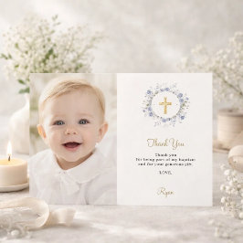Convites Baptism blue florals photo thank you card