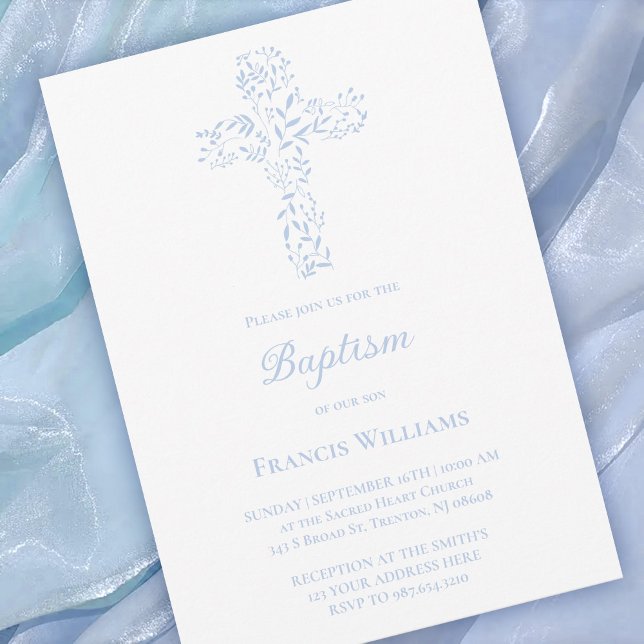 Convites Baptism blue foliage cross  (Criador carregado)