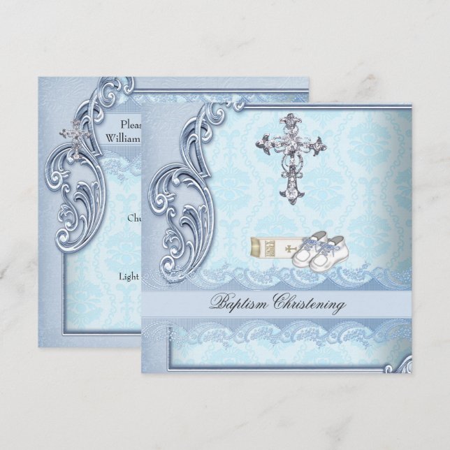 Convites Baptism Blue Teal Cross Boy Damasco batizando (Frente/Verso)