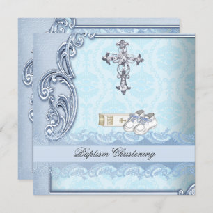 Convites Baptism Blue Teal Cross Boy Damasco batizando