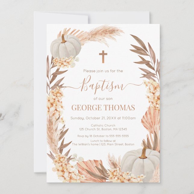 Convites Baptism Boho Pampas arrangement white Pumpkin (Frente)