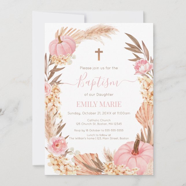 Convites Baptism Boho Pampas Pink Pumpkin (Frente)