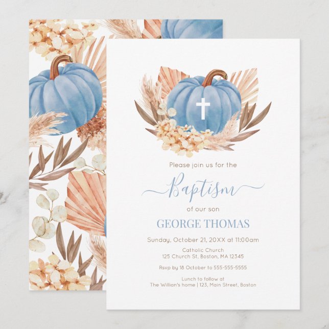 Convites Baptism Boho Pampas Pumpkin blue (Frente/Verso)