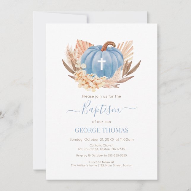 Convites Baptism Boho Pampas Pumpkin blue (Frente)