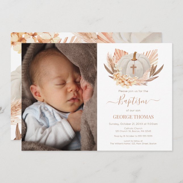 Convites Baptism Boho white Pumpkin Photo Invitation  (Frente/Verso)