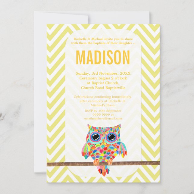 Convites Baptism Christening Chevron Rainbow Owl Invite (Frente)