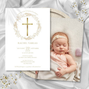 Convites Baptism Christening Dourada Cross Floral Foto