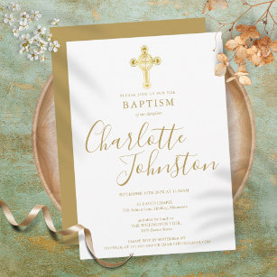 Convites Baptism Christening Dourado Cross Signature Script