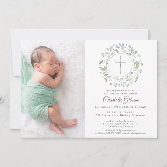 Convites Baptism Christening Garland Silver Cross Foto (Frente)
