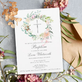 Convites Baptism Christening Silver Cross Floral Garland