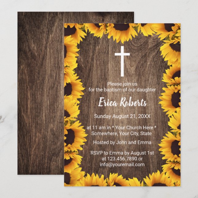 Convites Baptism Christening Vintage Sunflower enquadrado (Frente/Verso)
