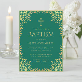 Convites Baptism Emerald Green Faux Gold Foil deixa Ornamen