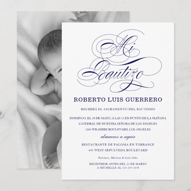 Convites Baptism Espanhol - Letra Marinho Mi Bautizo (Frente/Verso)