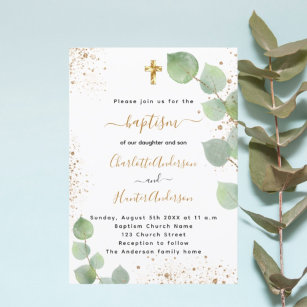 Convites Baptism eucalyptus greenery cross script twins