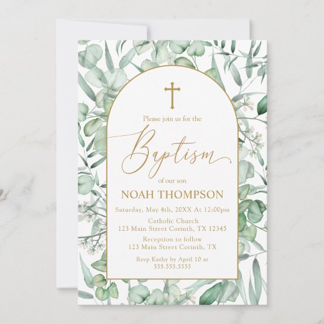 Convites Baptism Eucalyptus leaves Invitation (Frente)