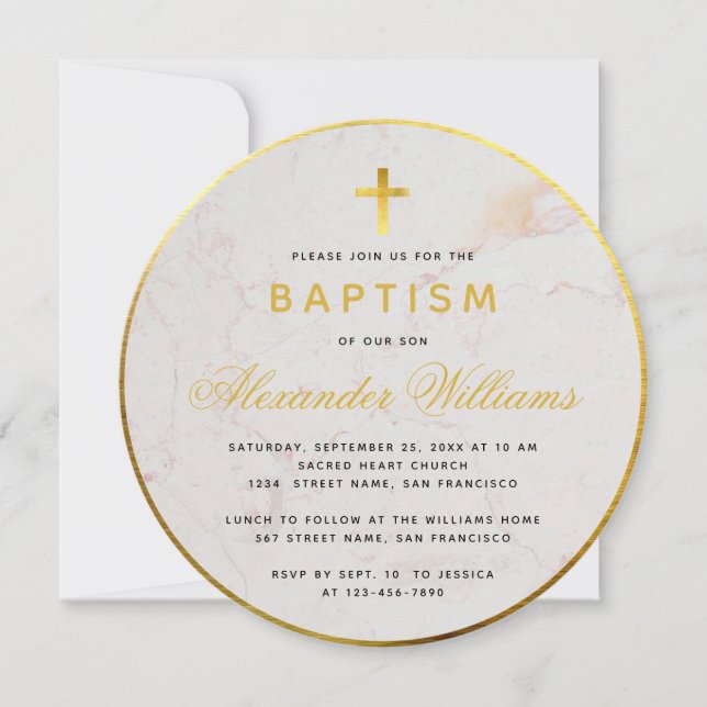 Convites Baptism Faux Gold Foil Marble Calliografia (Frente)