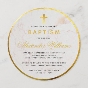 Convites Baptism Faux Gold Foil Marble Calliografia