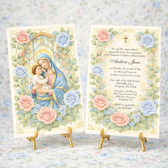Convites Baptism Floral Jesus Blessed Mother Roses (Criador carregado)