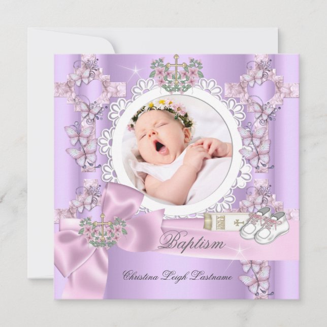 Convites Baptism Girl Lilac Pink White Photo Christening (Frente)