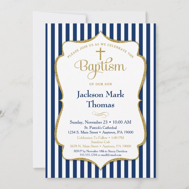 Convites Baptism Invitation Boys Marinho Azul Dourado Elega (Frente)