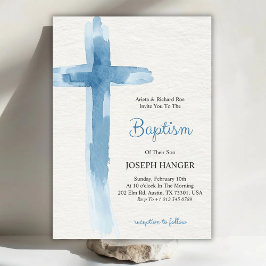 Convites Baptism invitation card featuring blue cross